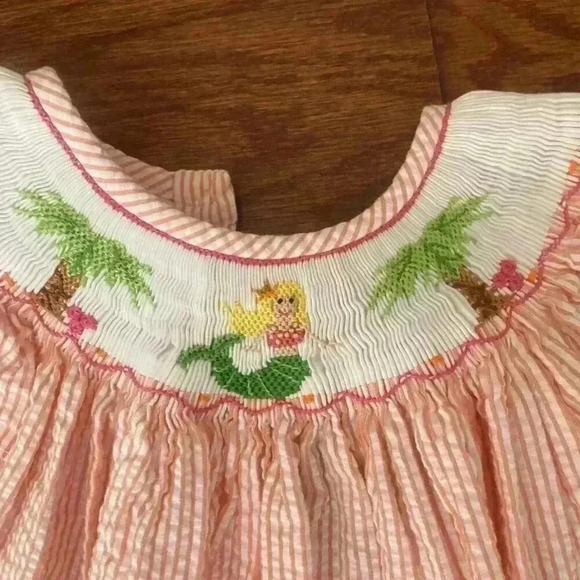 Posh Originals Smocked Seersucker Bishop Long Dress Mermaid Palm Trees Size 6X - Picture 3 of 10